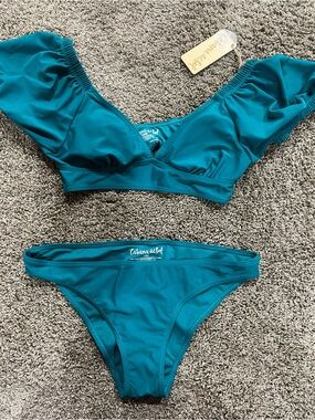 Cabana Life Teal Ruffle Off-Shoulder Bikini Set
